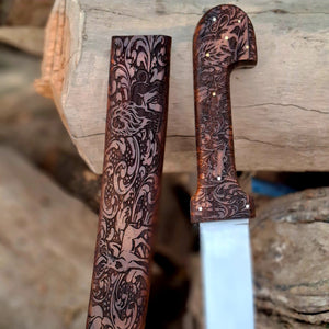 Bone Handle Damascus Knife with Handcrafted Tooled Sheath by Divine Knives