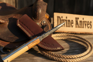 Bone and Wood Accent Damascus Knife Built for Field Dressing detail view by Divine Knives