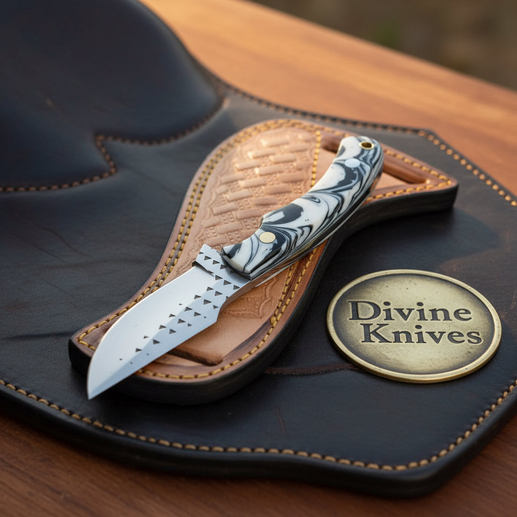 White Marble Resin Rasp Skinner Knife with product detail, view 2