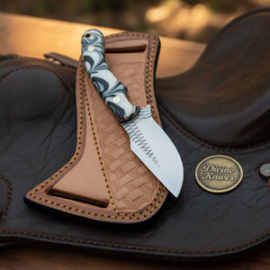 White Marble Resin Rasp Skinner Knife with by Divine Knives