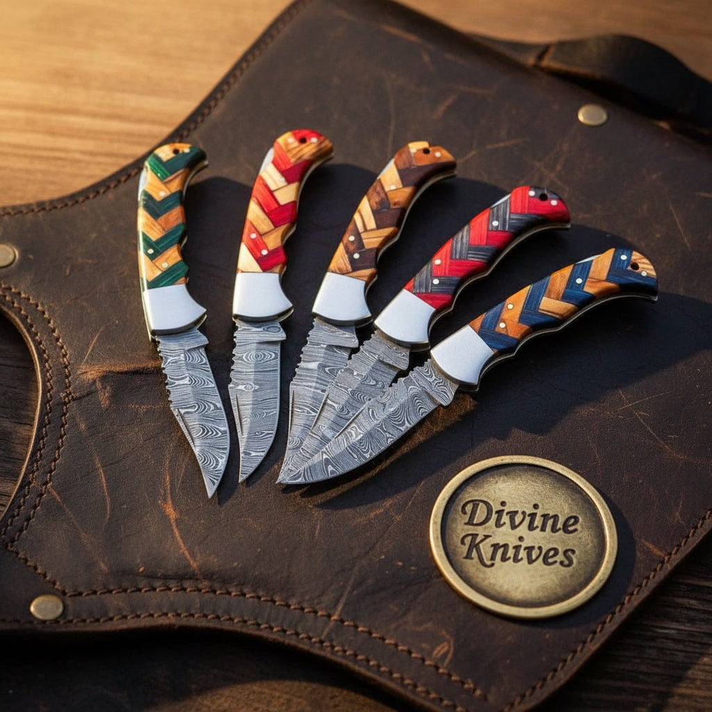 Damascus Chevron Wood Pocket Knife Set for Everyday Carry by Divine Knives