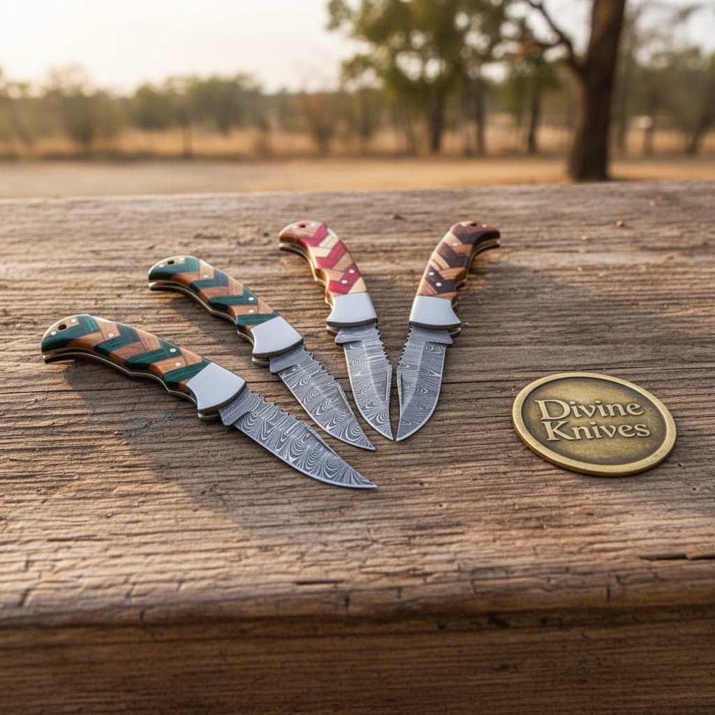Damascus Chevron Wood Pocket Knife Set for Everyday Carry detail view by Divine Knives