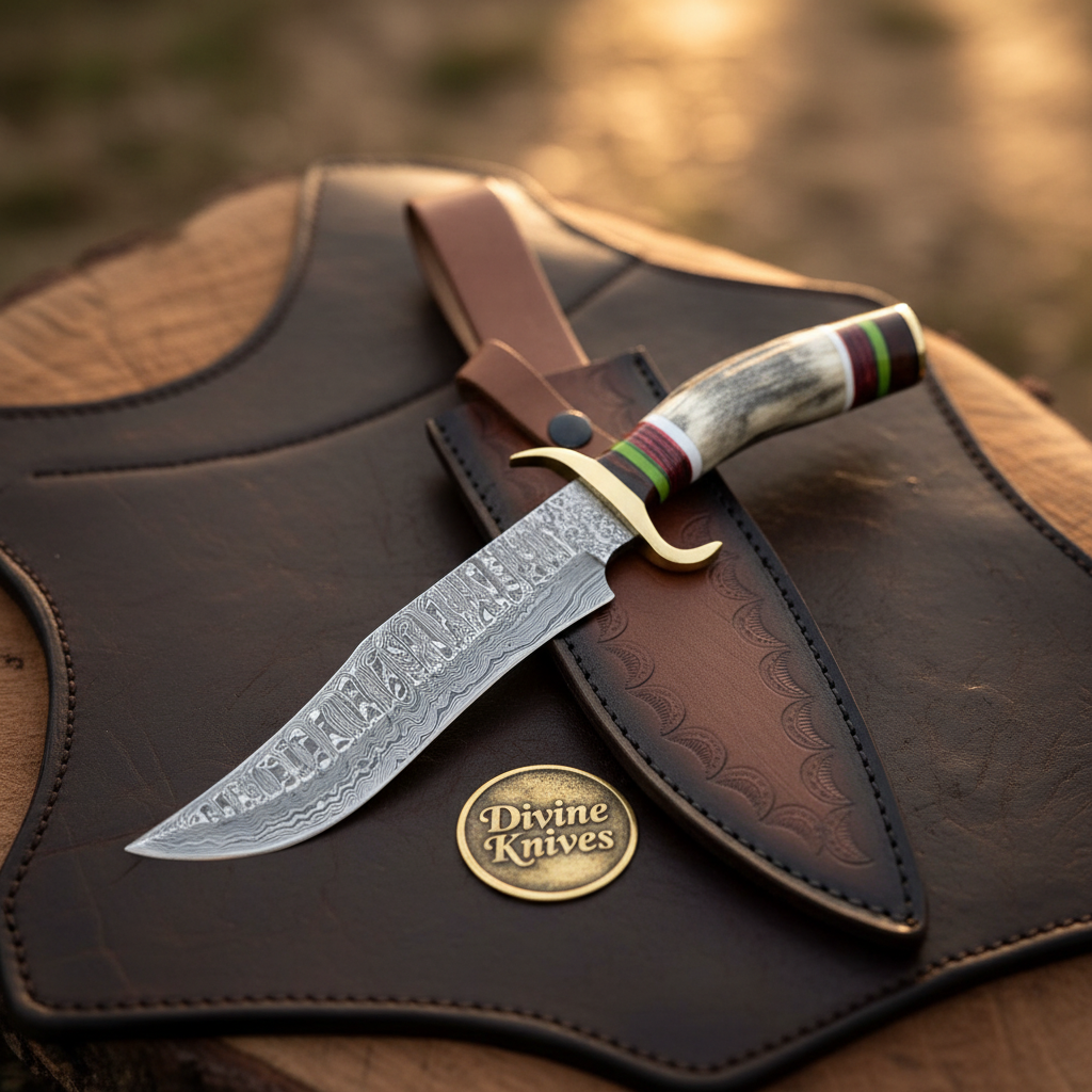 Antler S-Guard Damascus Clip Point Bowie with Color Spacer Handle