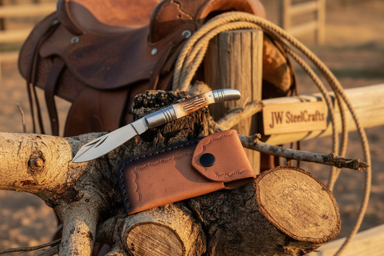 Two-Blade Trapper Knife with Synthetic Stag Horn Handle detail view by JW SteelCrafts