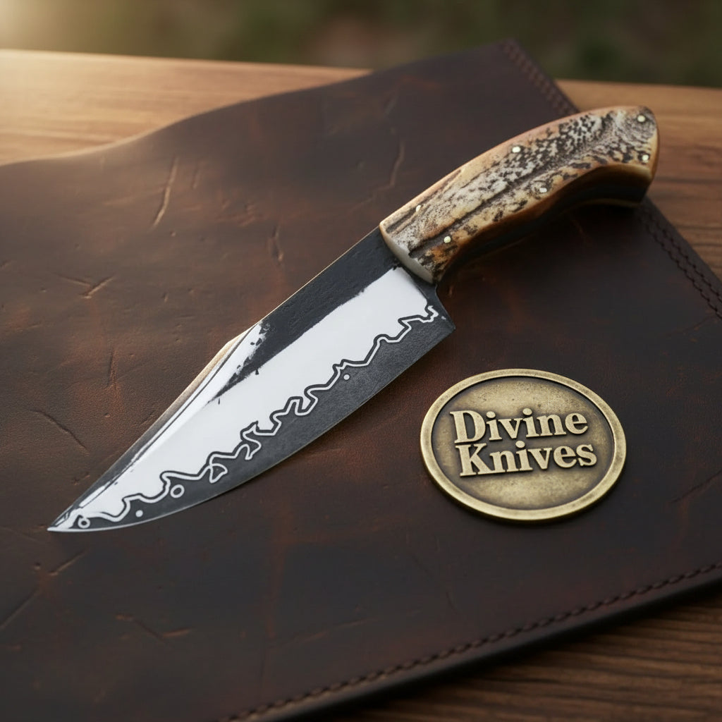 San Mai Bushcraft Hunter Knife with Stag Antler Handle for Field Dressing and Camp Use