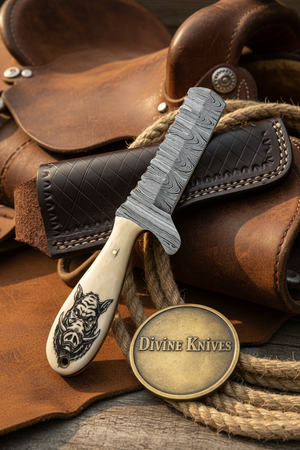 Scrimshaw Camel Bone Bull Cutter with Hand Engraved Bone Handle detail view by Divine Knives