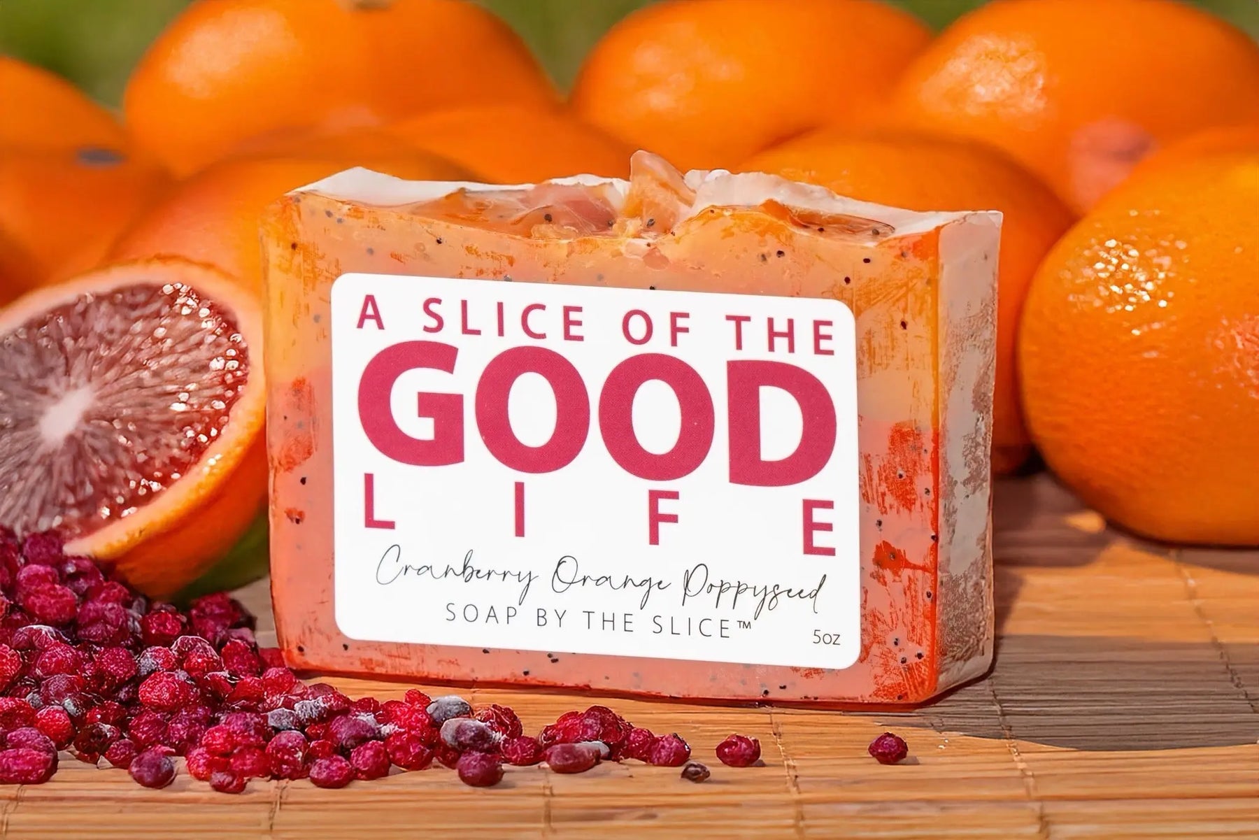 Cranberry Orange Poppy Seed Soap Slice 5 Oz. by Essential Journeys, natural skincare detail photo 9