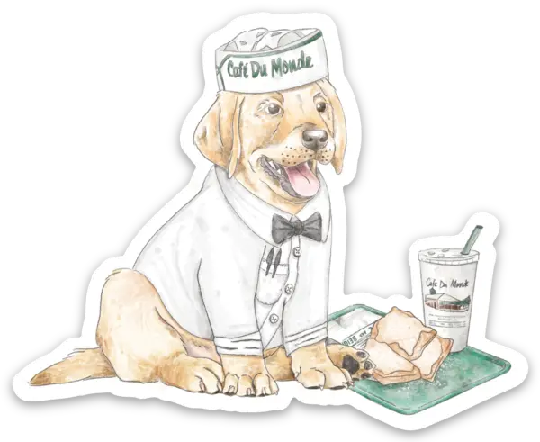 Cafe Du Monde Puppy Waiter Die Cut Stickers by Nola Tawk, vinyl decal main product photo