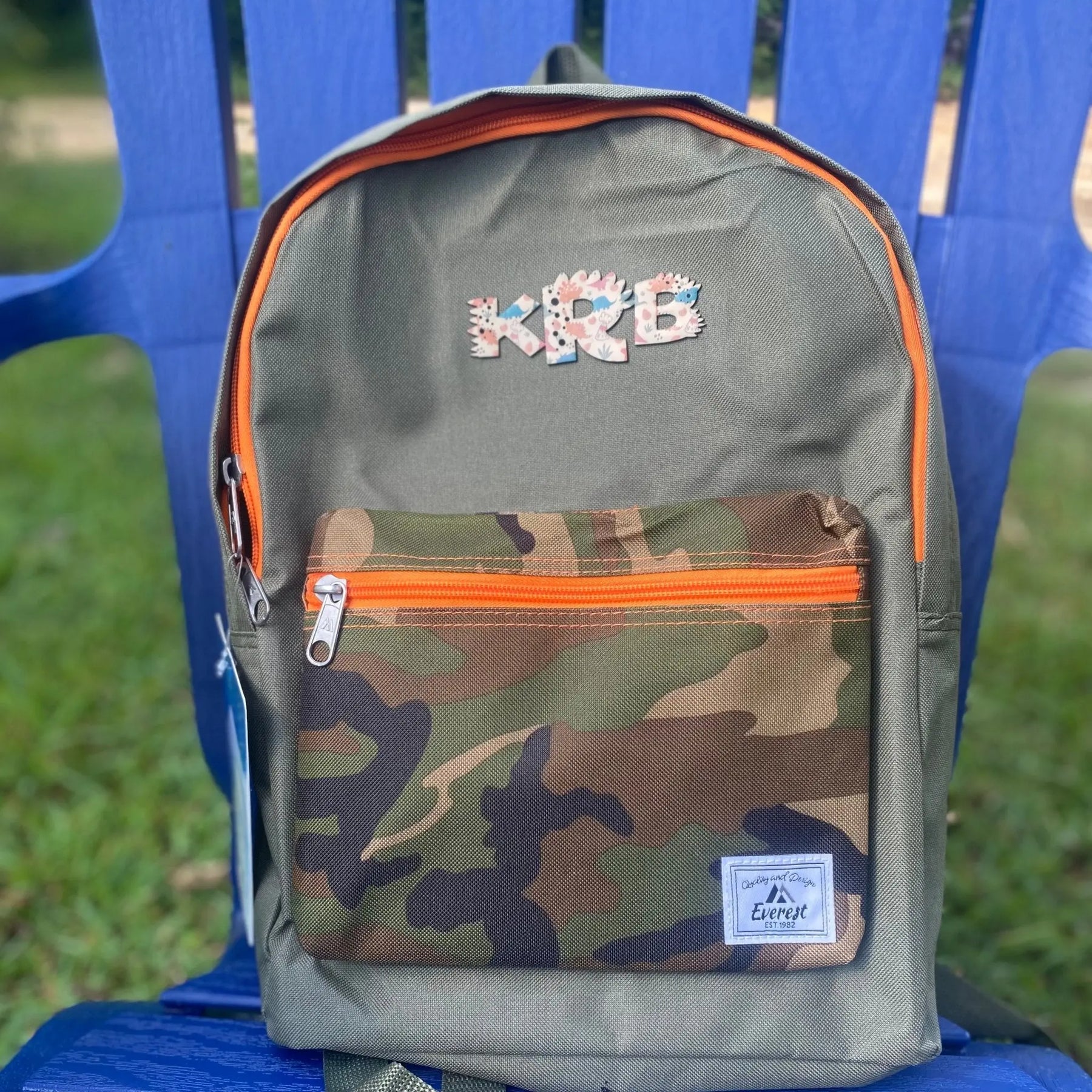 Camo Kids Backpack with Custom Dinosaur Initial Patch by Poor Hog Customs, handmade leather goods detail photo 3