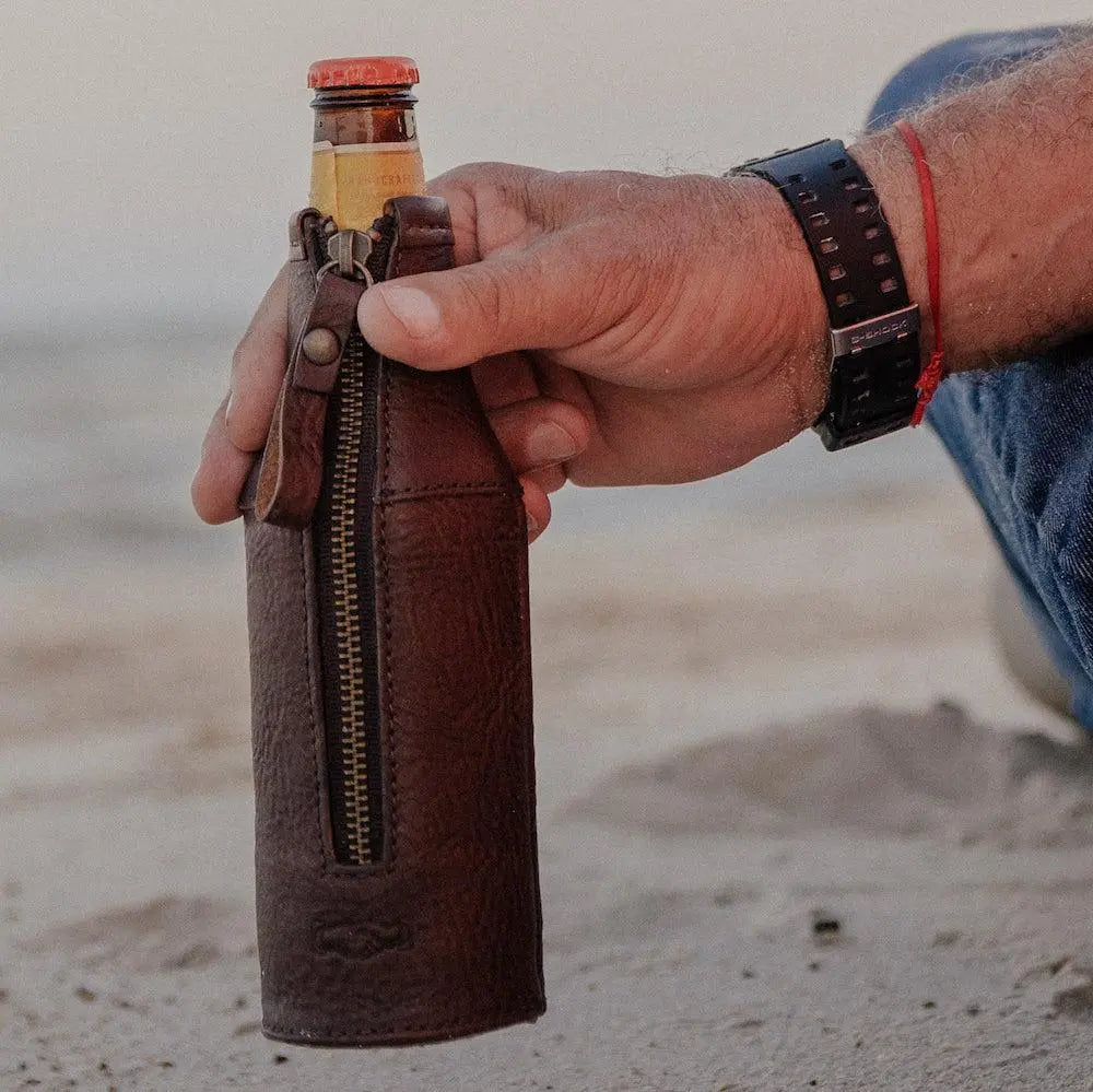 Campaign Leather Bottle Koozie by Mission Mercantile Leather Goods, custom drinkware main product photo