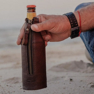 Campaign Leather Bottle Koozie by Mission Mercantile Leather Goods, custom drinkware main product photo