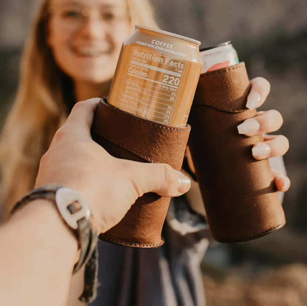 Campaign Leather Slim Can Koozie by Mission Mercantile Leather Goods, custom drinkware main product photo
