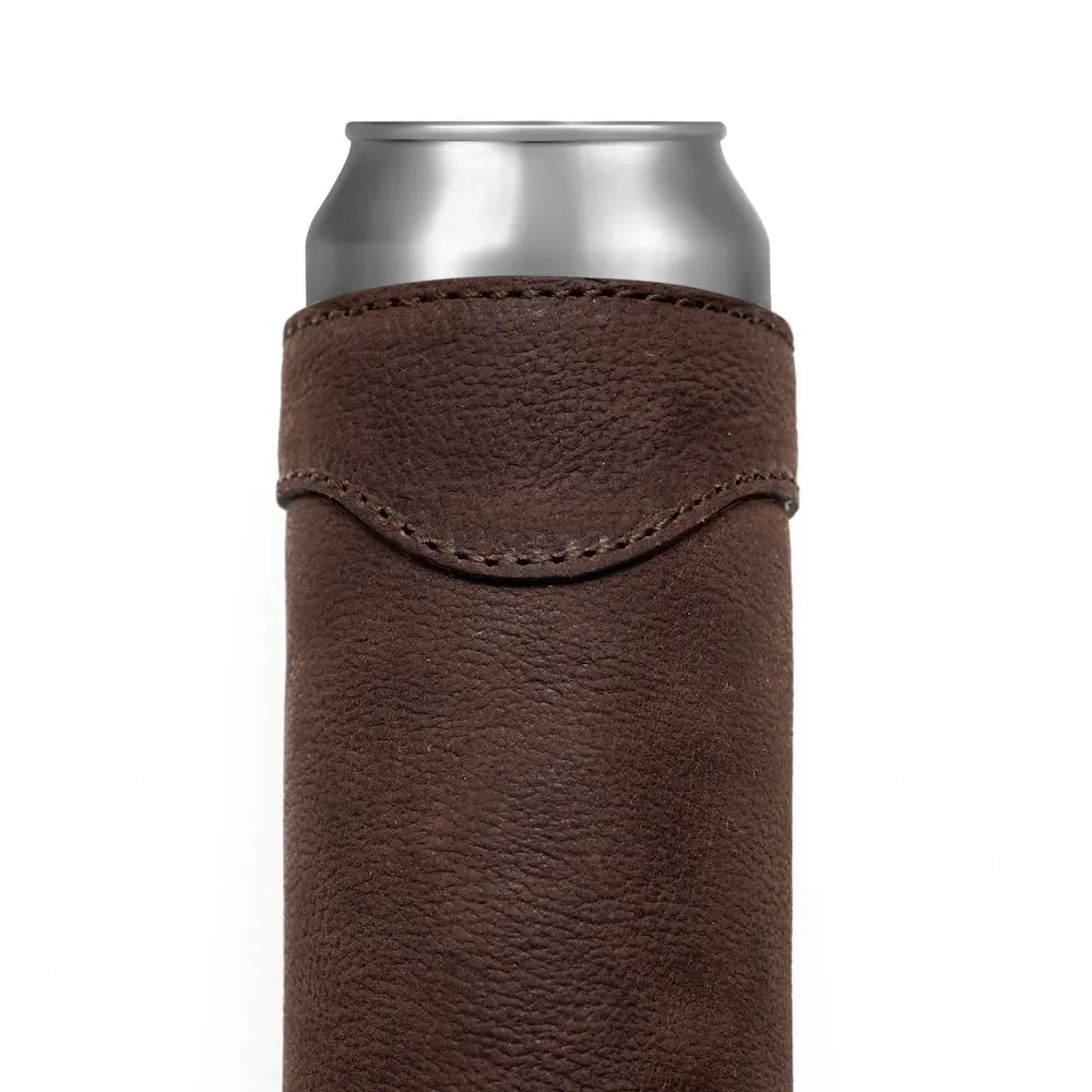 Campaign Leather Slim Can Koozie by Mission Mercantile Leather Goods, custom drinkware detail photo 3