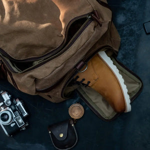 Campaign Waxed Canvas Large Duffle Bag by Mission Mercantile Leather Goods, handmade leather goods detail photo 3