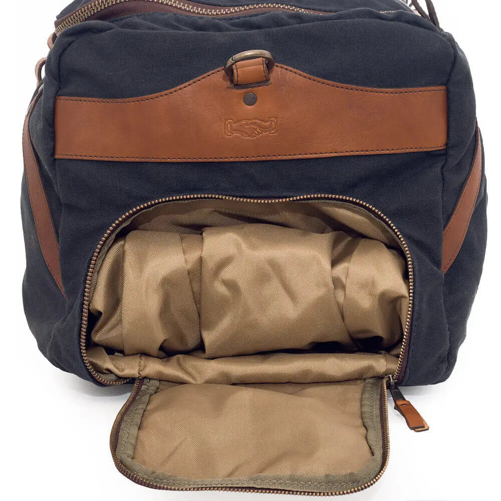 Campaign Waxed Canvas Large Duffle Bag by Mission Mercantile Leather Goods, handmade leather goods detail photo 27
