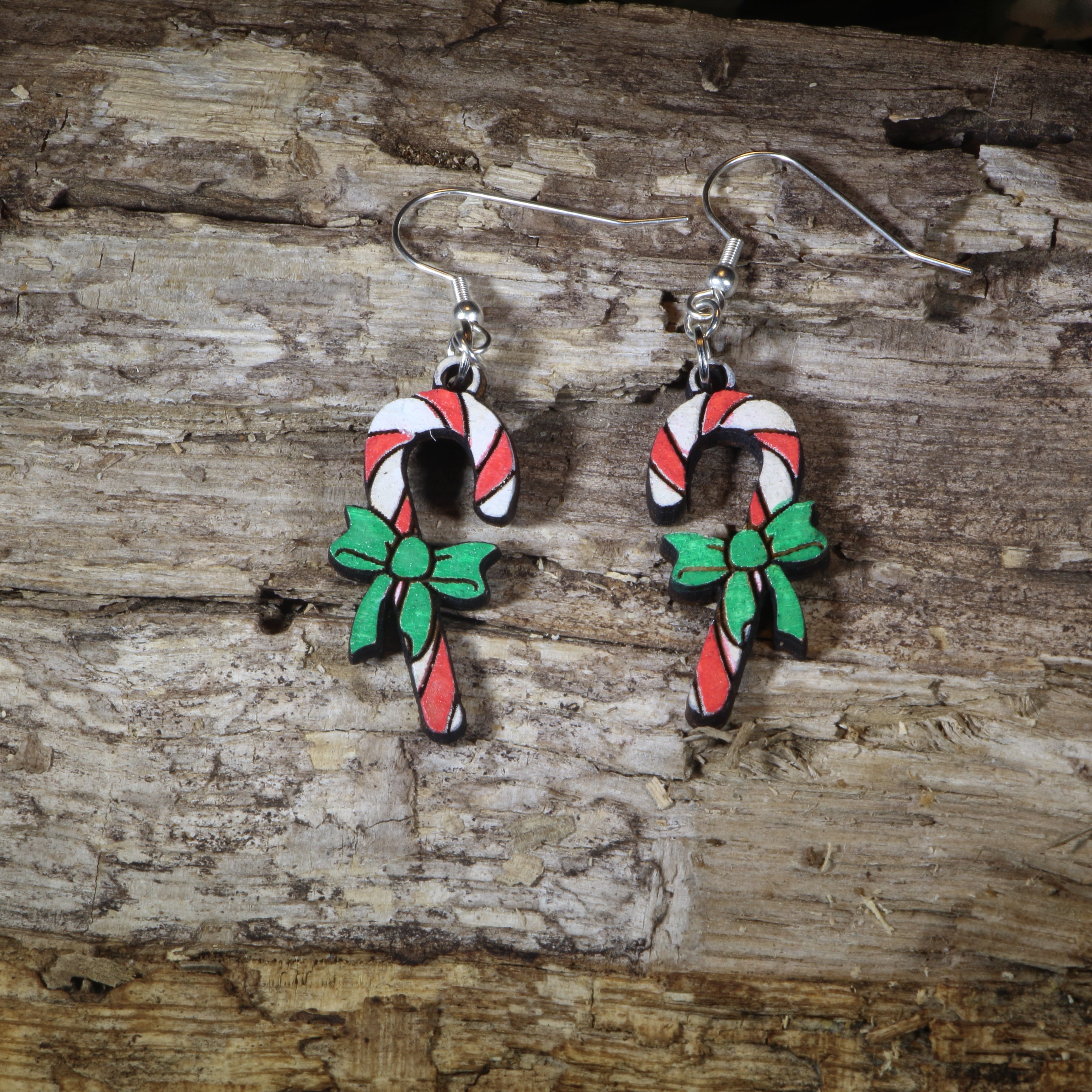 Candy Cane with Bow Wooden Dangle Earrings | Christmas Holiday Jewelry by Cate's Concepts, LLC