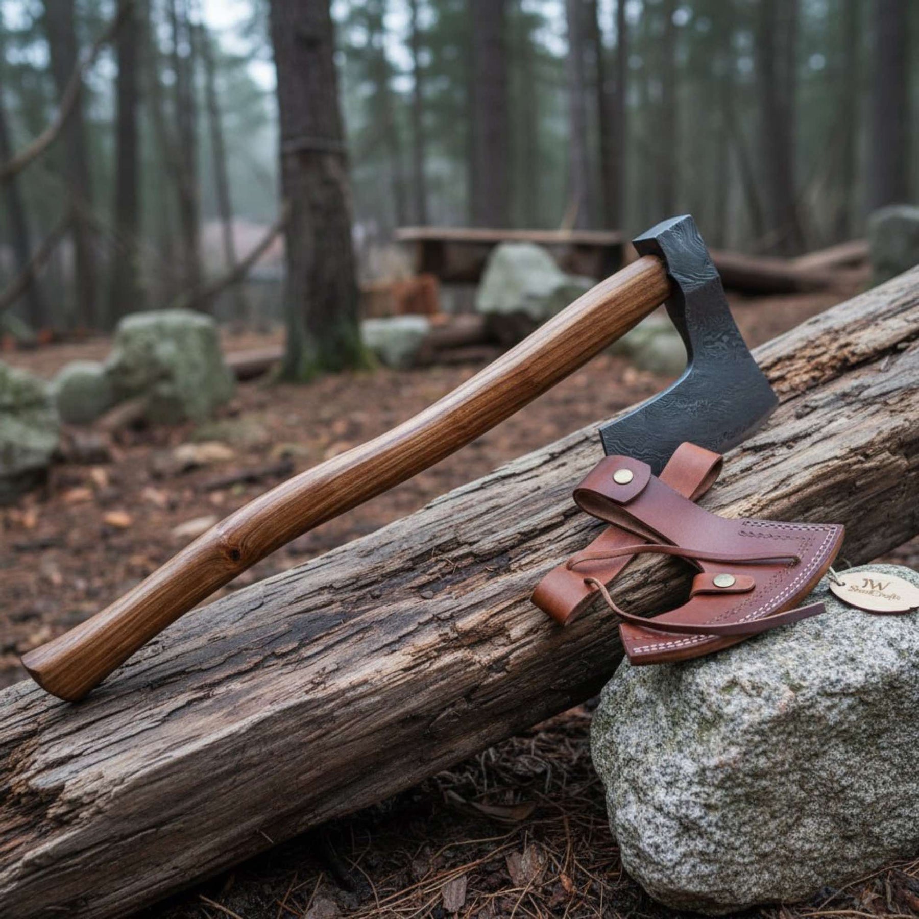 Hand-forged Damascus Bearded Axe for Bushcraft & Trail Work by JW SteelCrafts, Southern handmade gift detail photo 2