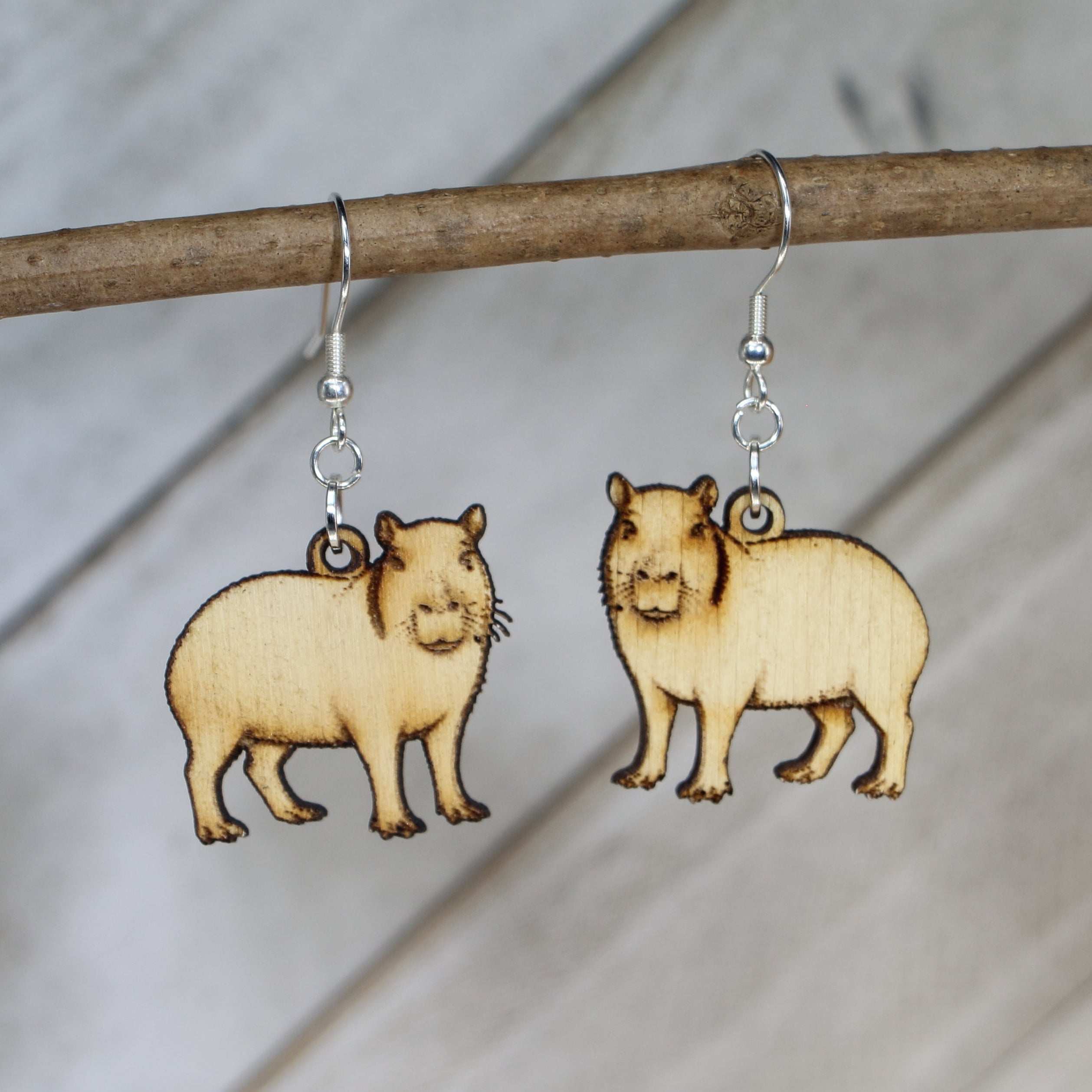 Capybara Wooden Dangle Earrings | Cute Animal Jewelry detail view by Cate's Concepts, LLC