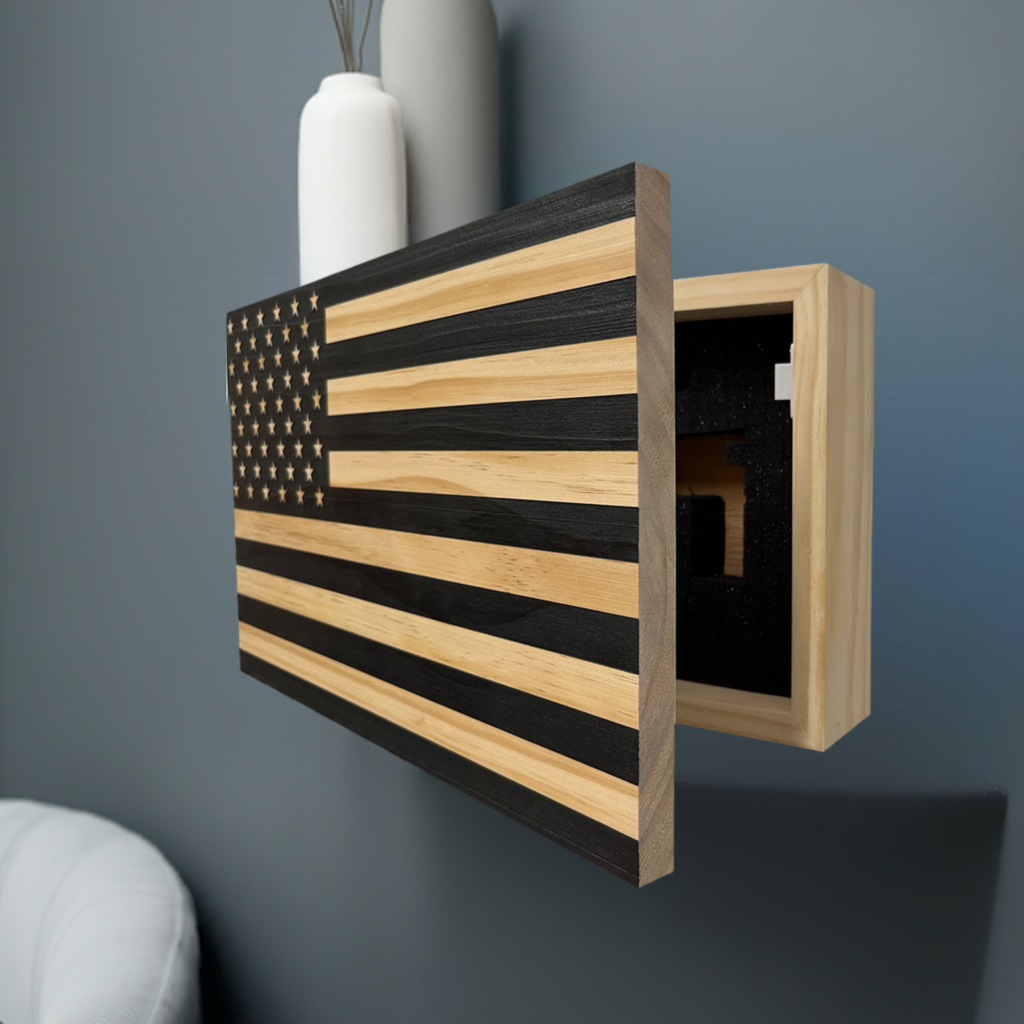 American Flag Decorative & Secure Wall-Mounted Gun Cabinet (Carbon Gray) by Bellewood Designs, Southern home decor detail photo 2