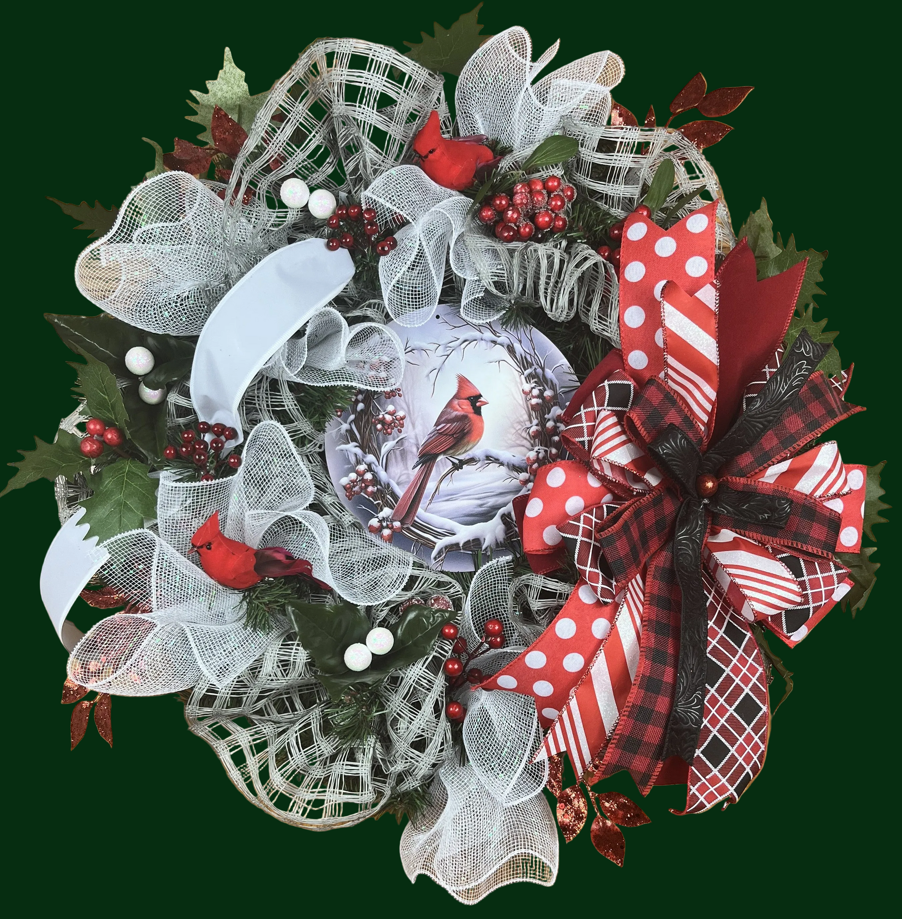 Winter Cardinal Wreath | Handmade Christmas Front Door Wreath | Red Cardinal Holiday Decor | Buffalo Plaid Winter Door Hanger