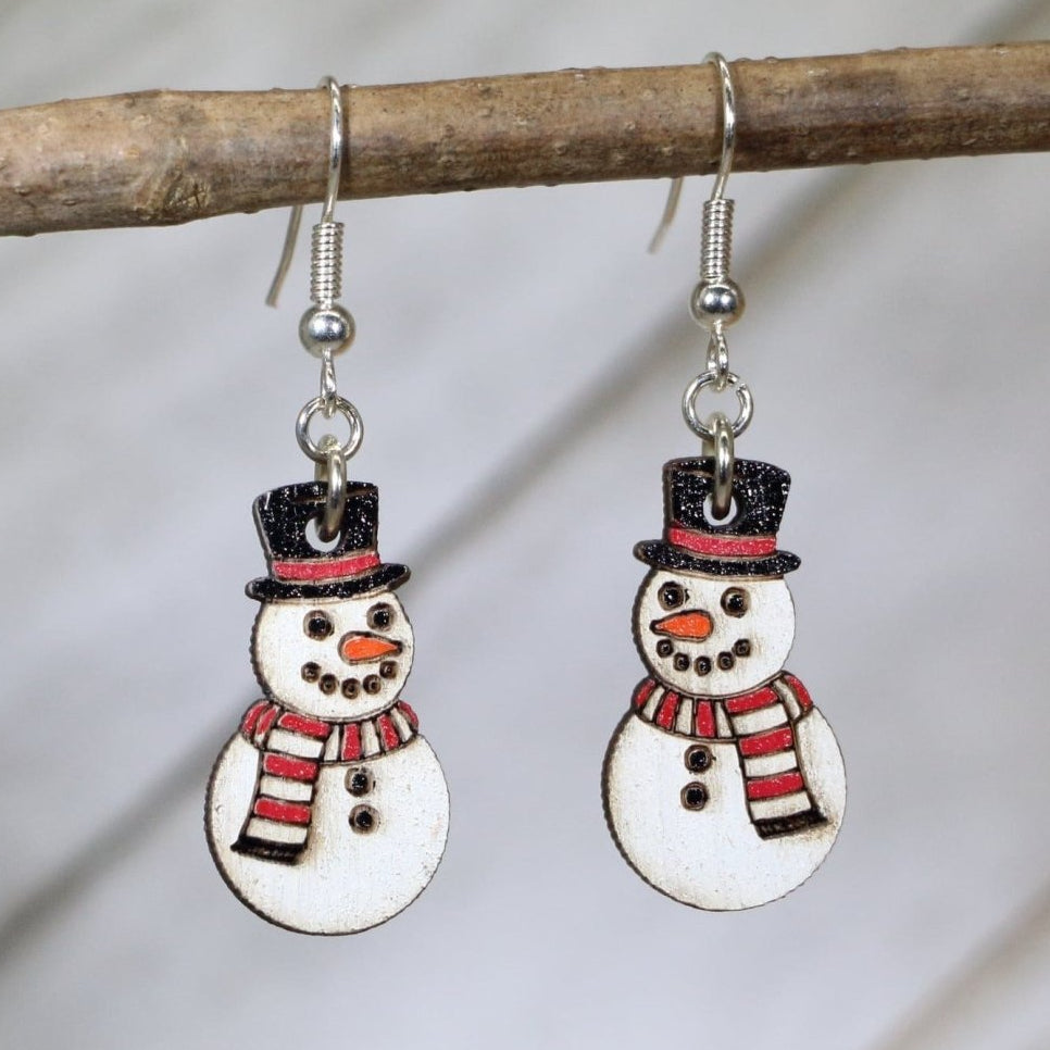 Carrot Nose Snowman Wooden Dangle Earrings | Christmas Jewelry detail view by Cate's Concepts, LLC