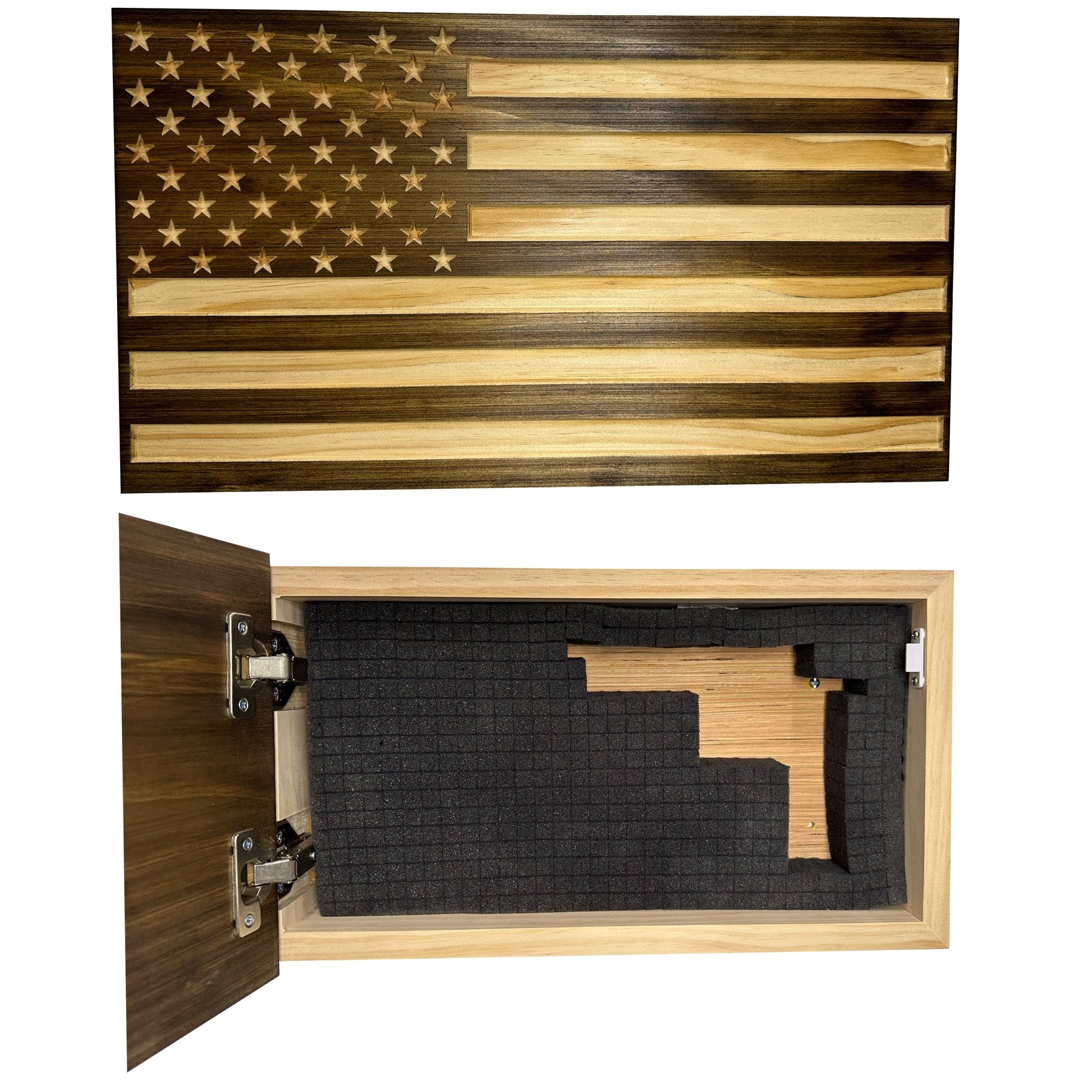 Carved American Flag Decorative Wall-Mounted Secure Gun Cabinet by Bellewood Designs, Southern home decor detail photo 2