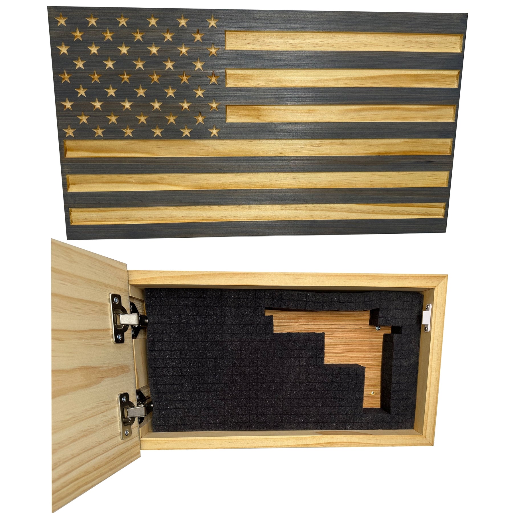Carved American Flag Decorative Wall-Mounted Secure Gun Cabinet by Bellewood Designs, Southern home decor detail photo 3