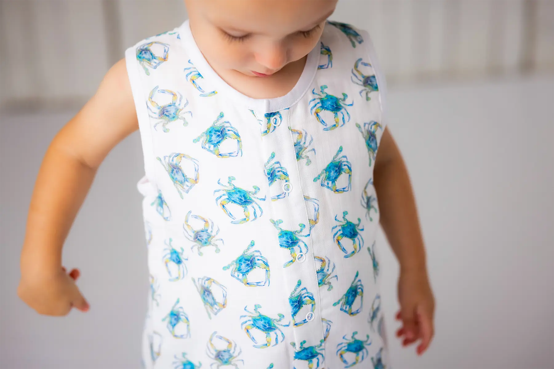 Catching Crabs Organic Muslin Shortalls by Nola Tawk, children's boutique clothing detail photo 3