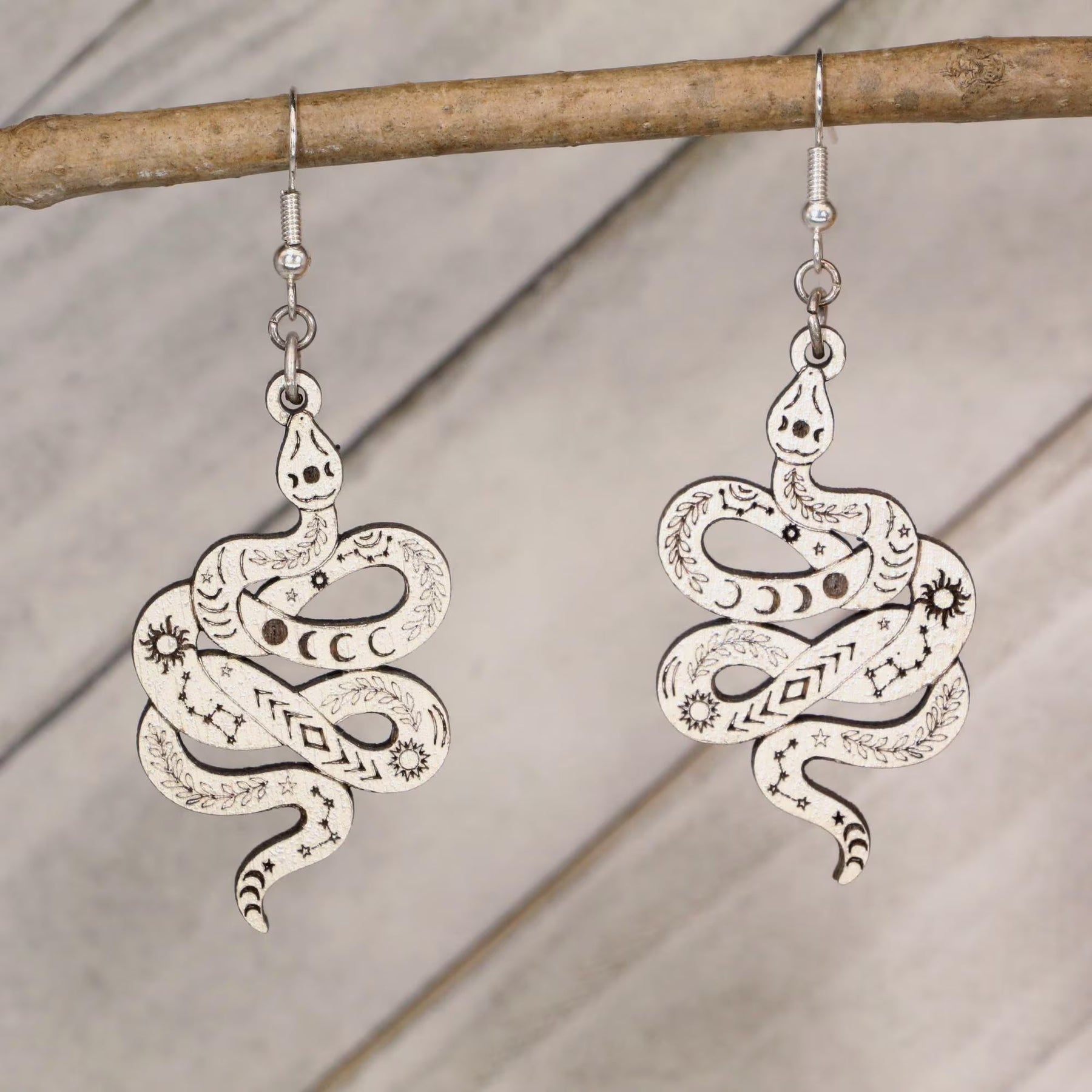 Celestial Snake Wooden Dangle Earrings | Mystical Boho Jewelry detail view by Cate's Concepts, LLC