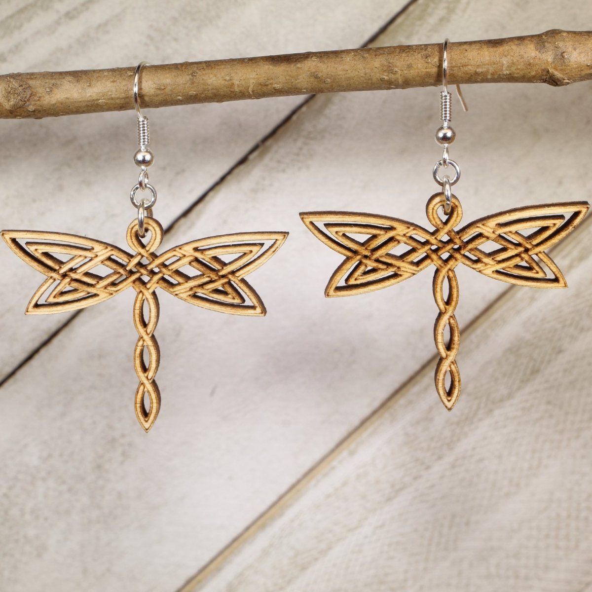 Celtic Dragonfly Wooden Earrings | Celtic Knot Nature Jewelry by Cate's Concepts, LLC, handmade jewelry main product photo