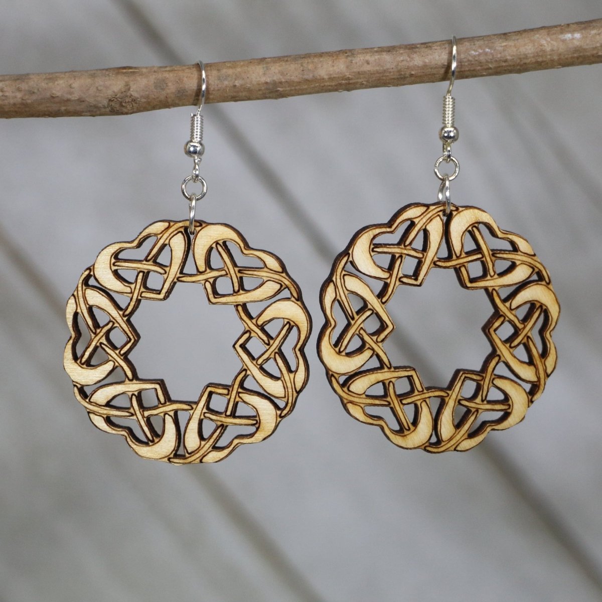 Celtic Heart Wooden Dangle Earrings | Knot Circle Jewelry