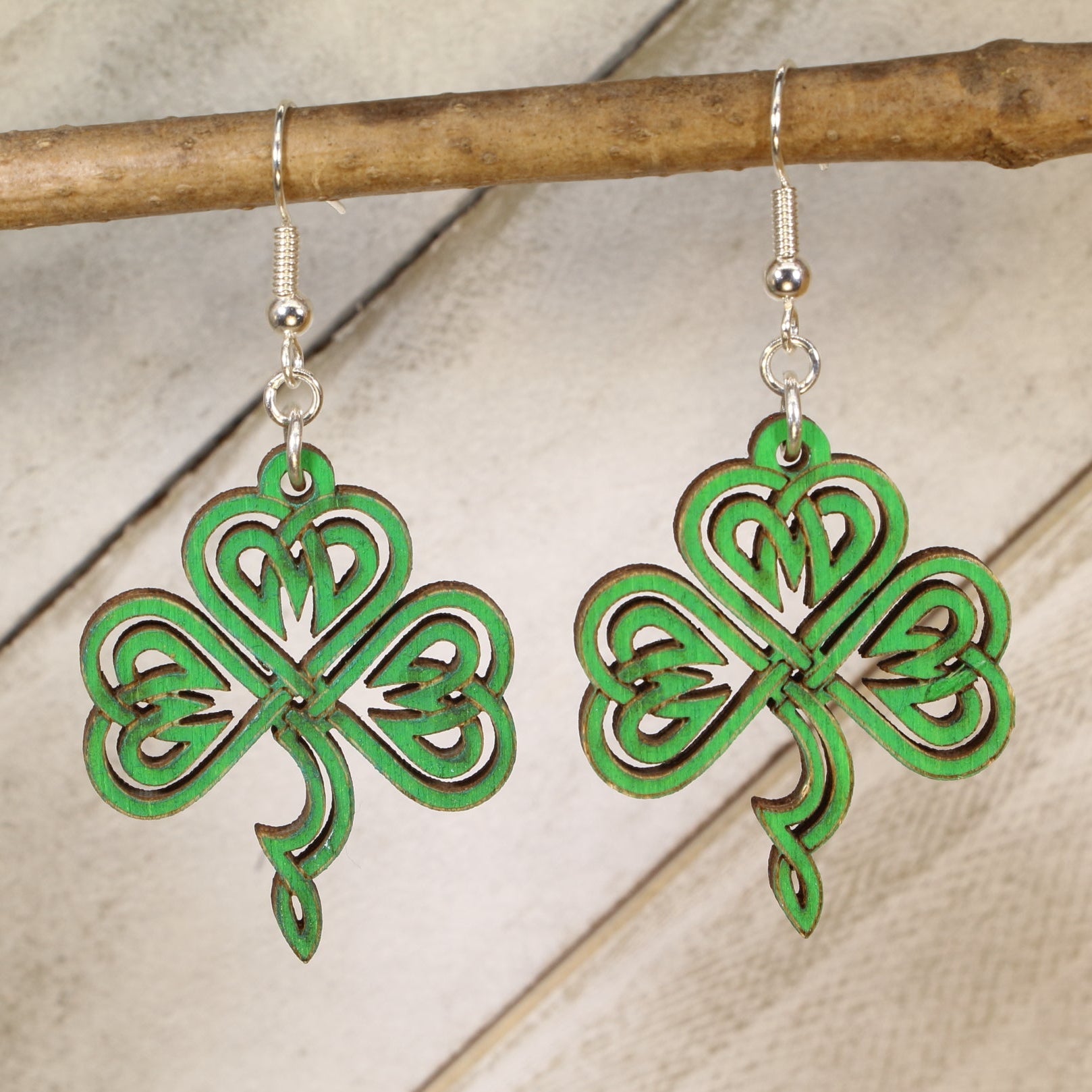 Celtic Shamrock Wooden Dangle Earrings | Irish Clover Jewelry detail view by Cate's Concepts, LLC
