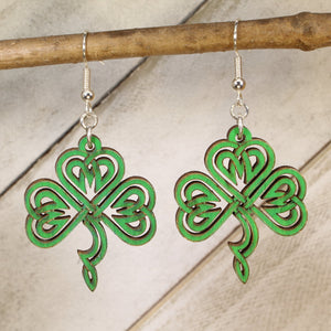 Celtic Shamrock Wooden Dangle Earrings | Irish Clover Jewelry detail view by Cate's Concepts, LLC