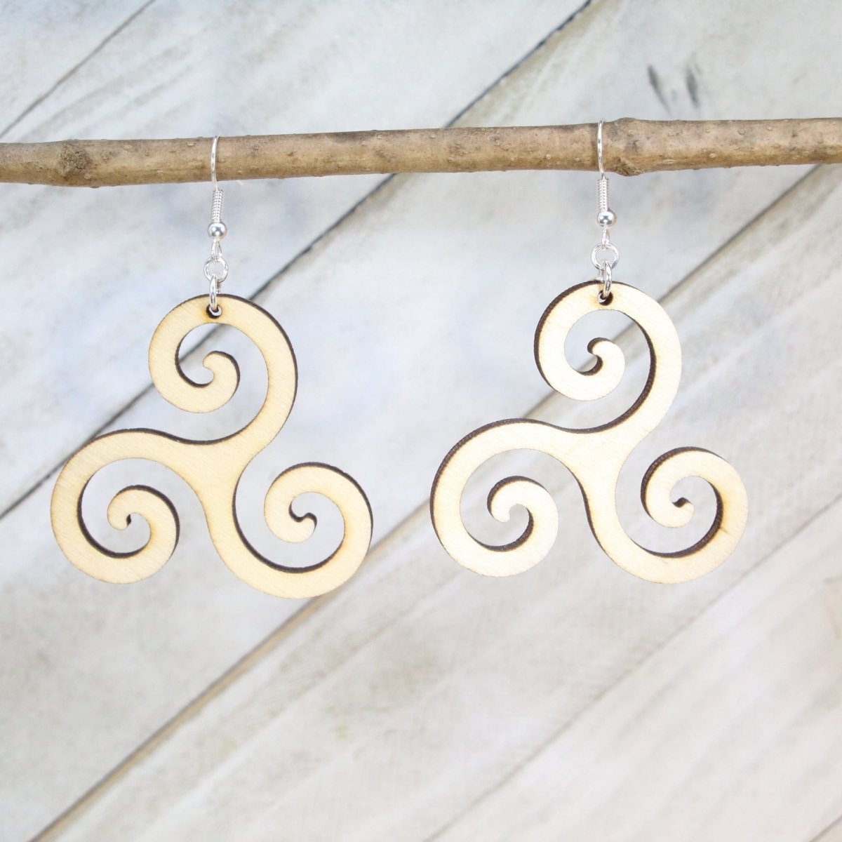 Celtic Triskele Wooden Dangle Earrings | Irish Symbol Jewelry detail view by Cate's Concepts, LLC