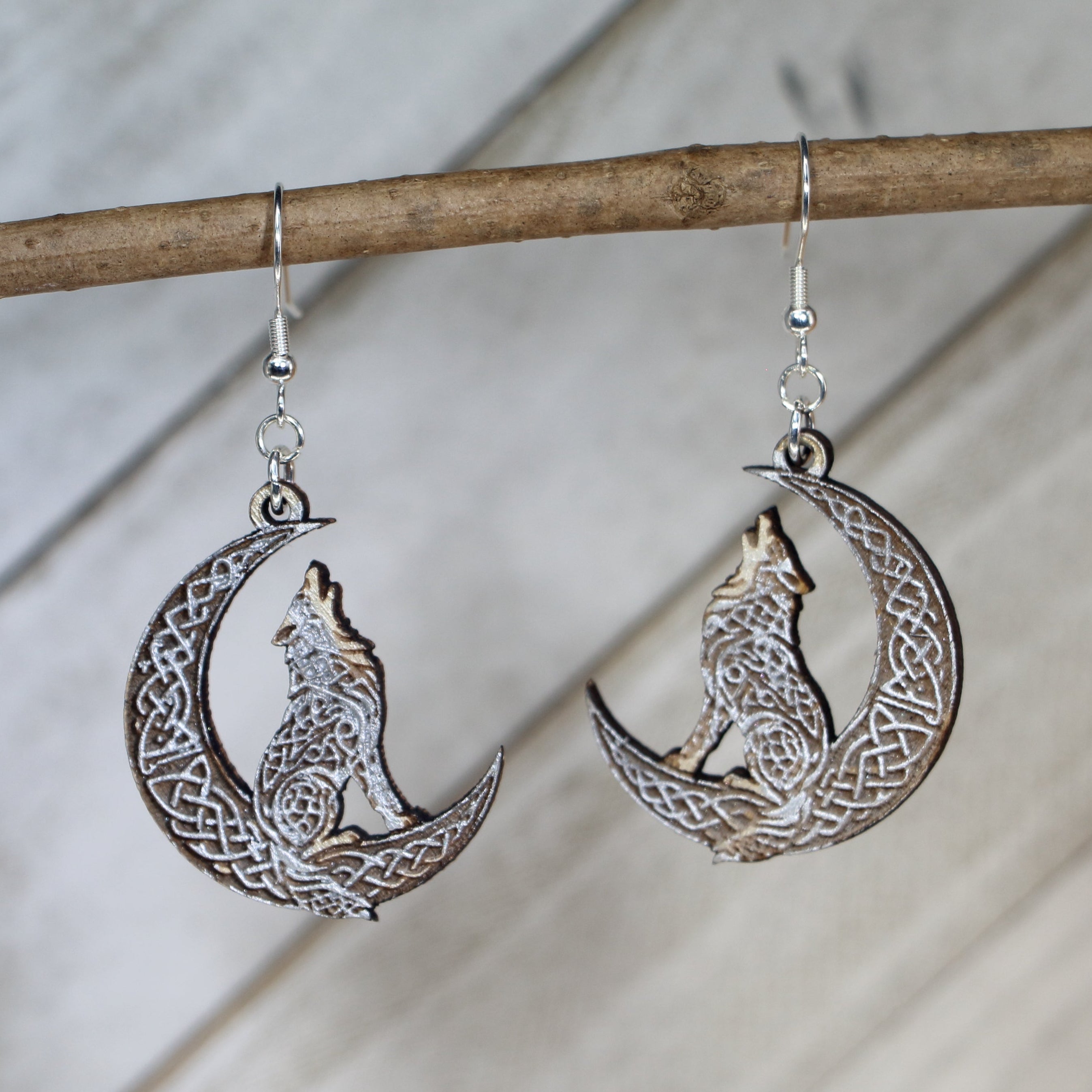 Celtic Wolf Moon Wooden Dangle Earrings | Norse Mythology Jewelry detail view by Cate's Concepts, LLC