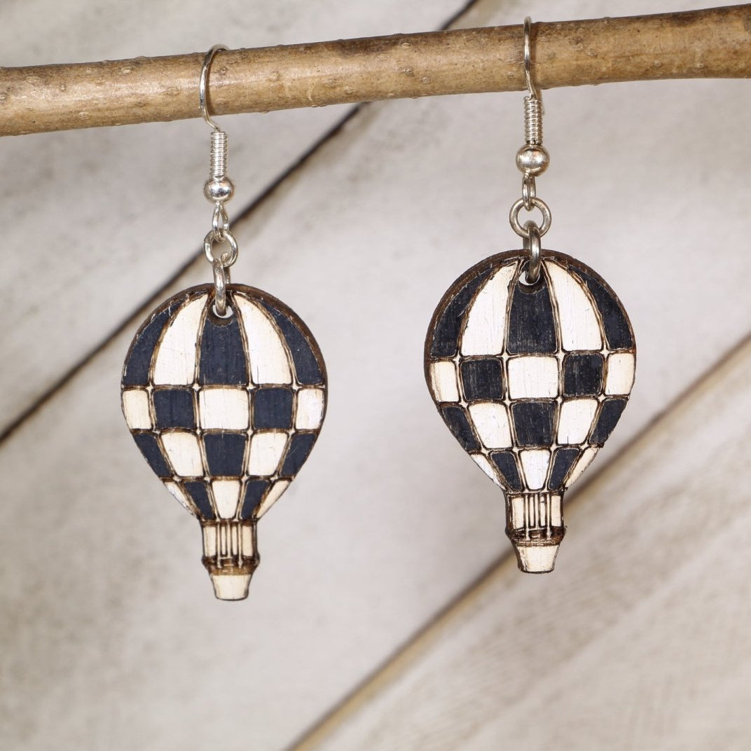 Checkered Hot Air Balloon Wooden Dangle Earrings | Travel Jewelry by Cate's Concepts, LLC