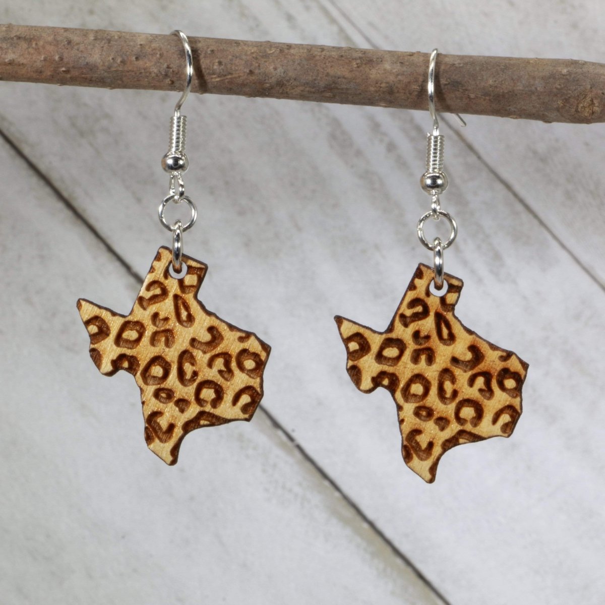 Cheetah Print Texas Wooden Dangle Earrings | State Jewelry by Cate's Concepts, LLC