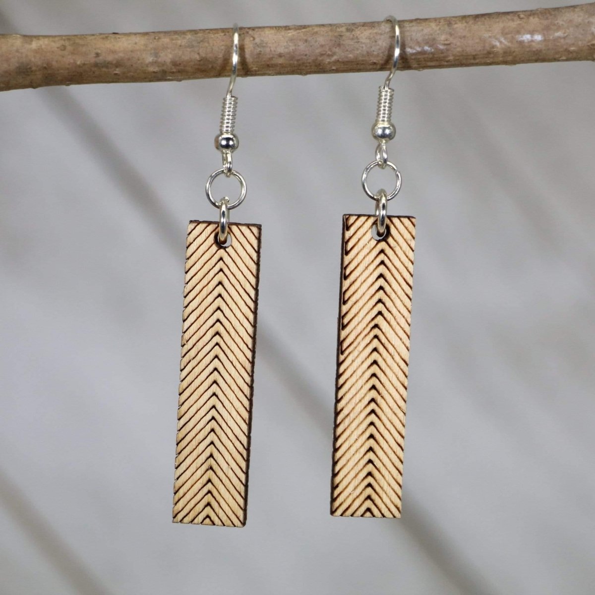 Chevron Bar Wooden Dangle Earrings | Modern Geometric Jewelry detail view by Cate's Concepts, LLC