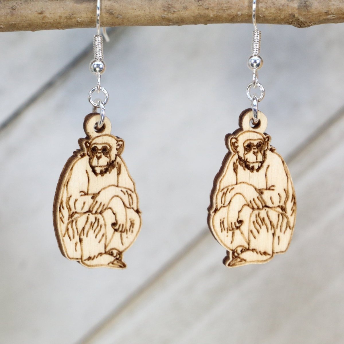 Chimpanzee Wooden Earrings | Primate Wildlife Jewelry by Cate's Concepts, LLC, handmade jewelry main product photo