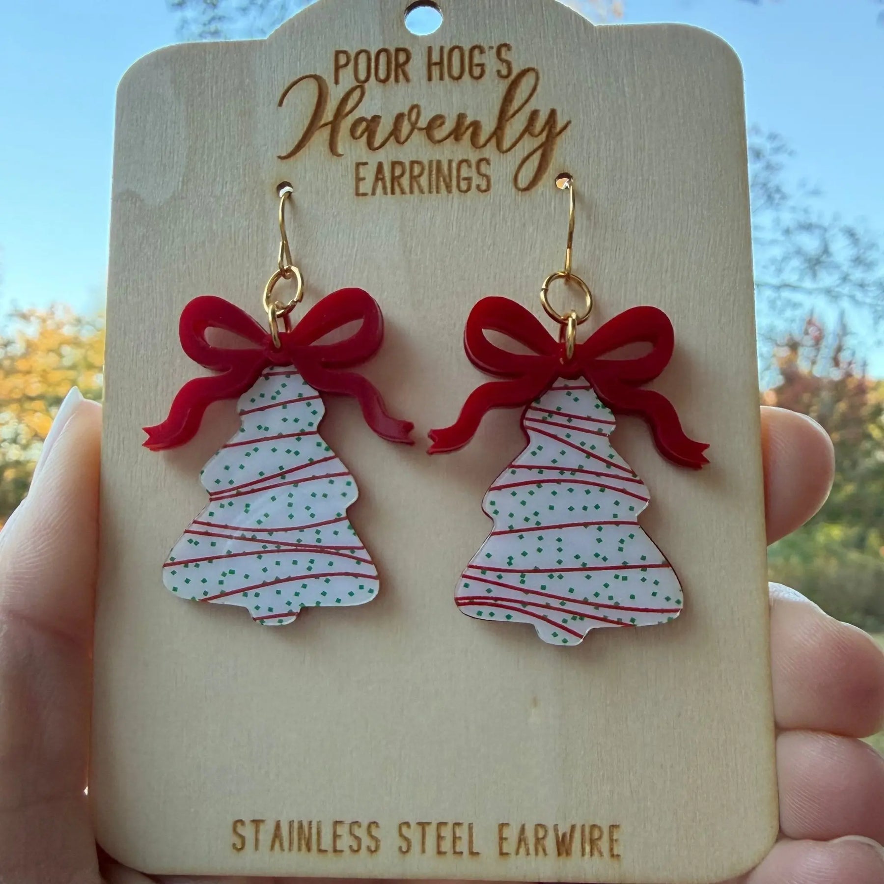 Christmas Tree Cake Earrings with Red or Green Bows by Poor Hog Customs, handmade jewelry main product photo