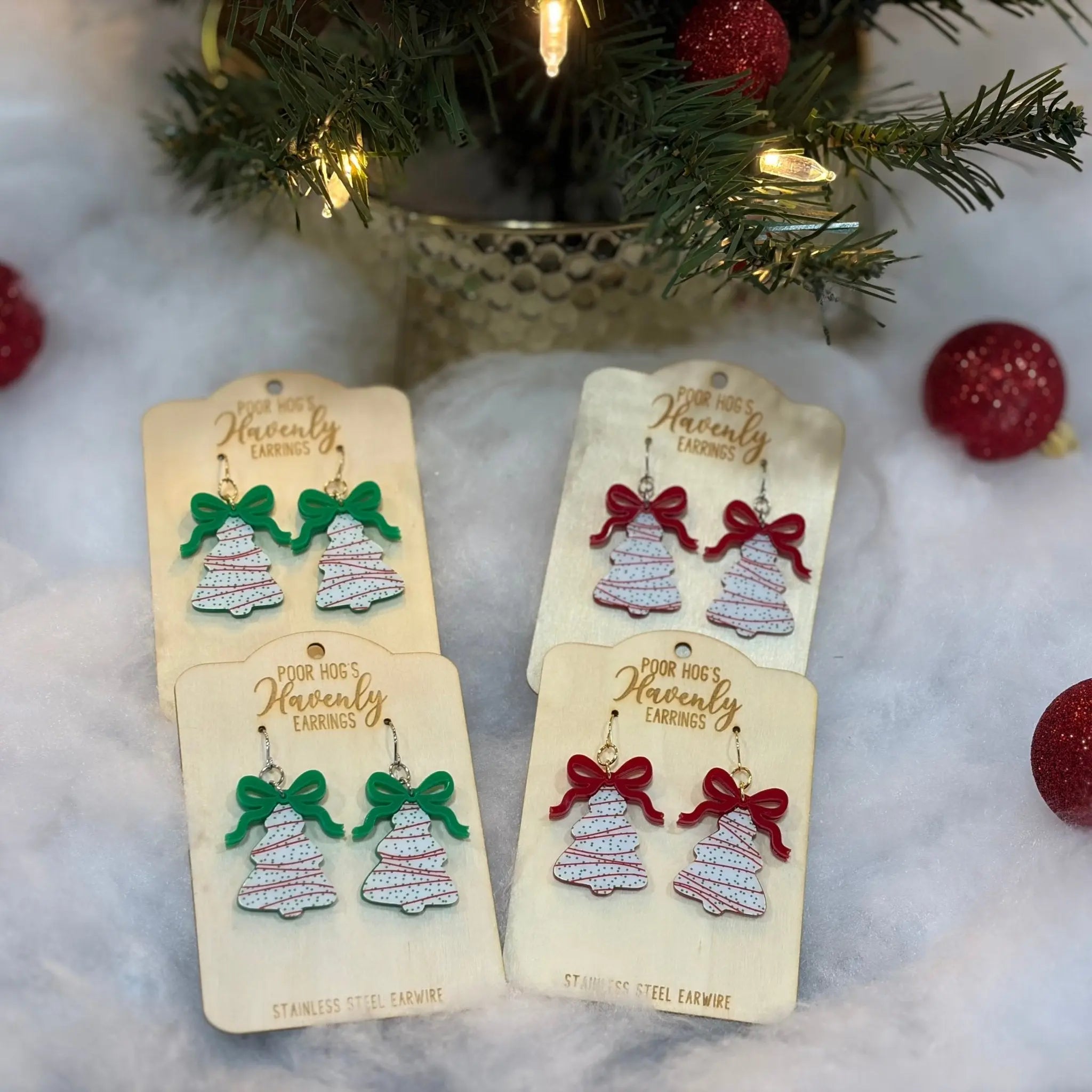 Christmas Tree Cake Earrings with Red or Green Bows by Poor Hog Customs, handmade jewelry detail photo 2
