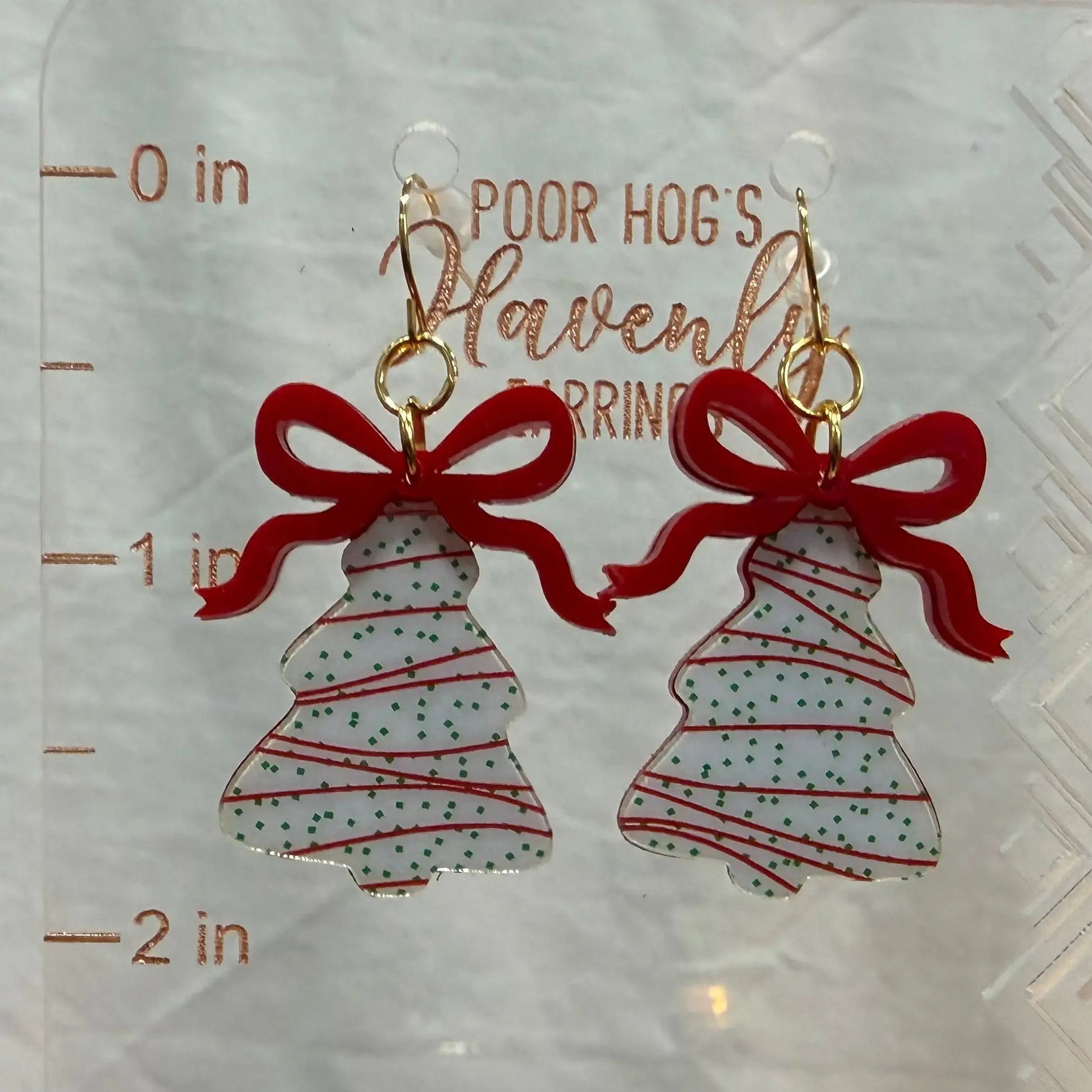 Christmas Tree Cake Earrings with Red or Green Bows by Poor Hog Customs, handmade jewelry detail photo 3