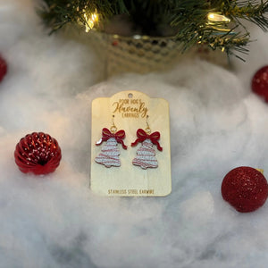 Christmas Tree Cake Earrings with Red or Green Bows by Poor Hog Customs, handmade jewelry detail photo 5