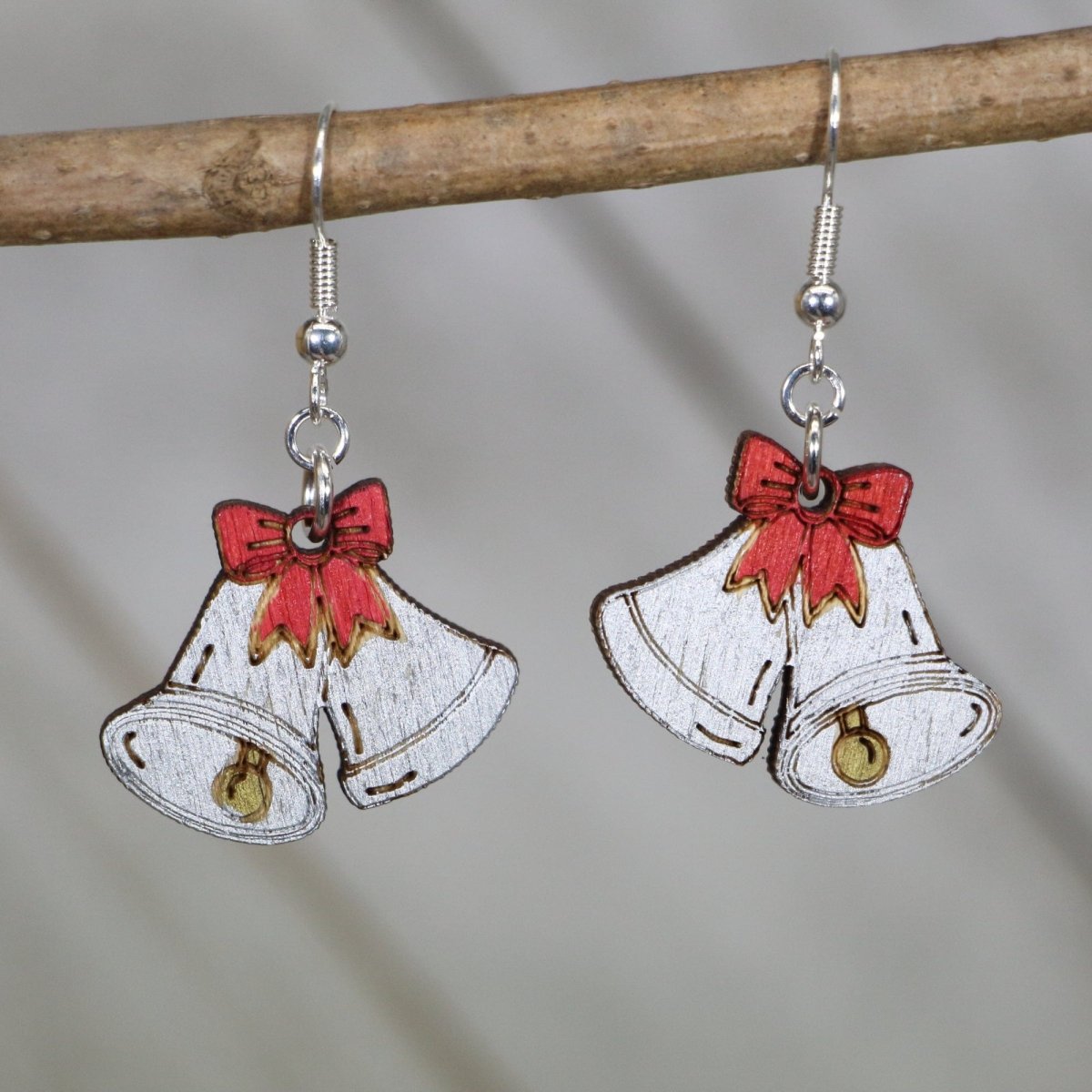 Christmas Bells Wooden Dangle Earrings | Holiday Jewelry detail view by Cate's Concepts, LLC