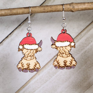 Christmas Highland Cow Wooden Earrings | Cute Farm Animal Jewelry detail view by Cate's Concepts, LLC