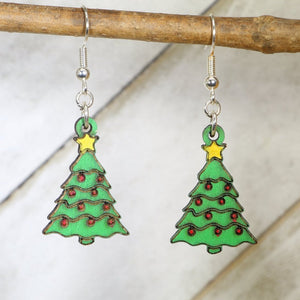Christmas Tree Wooden Dangle Earrings | Holiday Jewelry detail view by Cate's Concepts, LLC