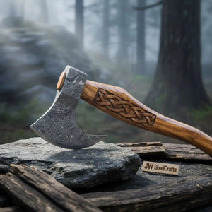 Hand Forged Damascus Bearded Viking Axe, Carved Rosewood Handle Nordic Bushcraft Hatchet | JW SteelCrafts by JW SteelCrafts, Southern lifestyle apparel detail photo 2