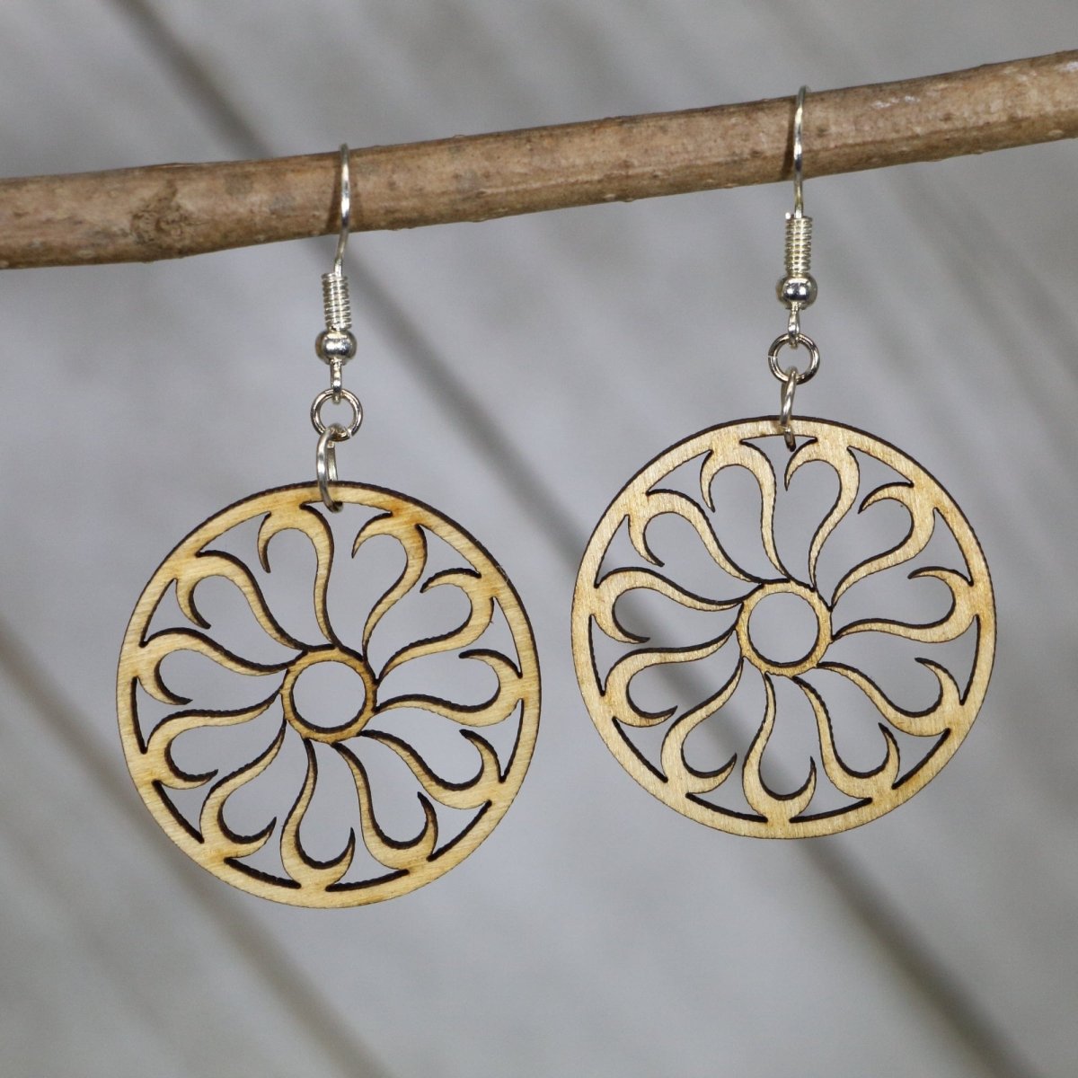 Circle Cutout Flower Wooden Earrings | Boho Floral Jewelry by Cate's Concepts, LLC, handmade jewelry main product photo