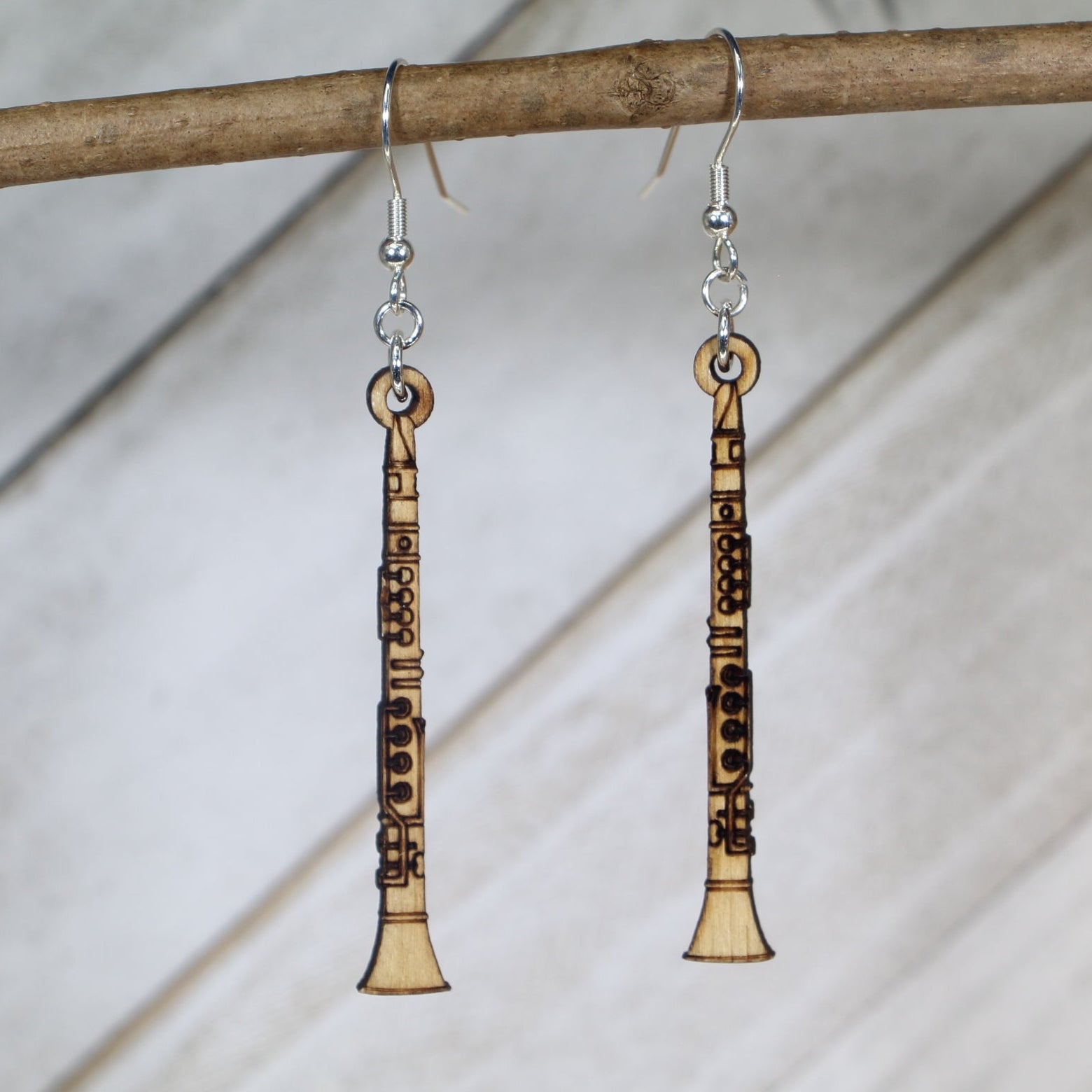 Clarinet Wooden Dangle Earrings | Band Instrument Jewelry detail view by Cate's Concepts, LLC