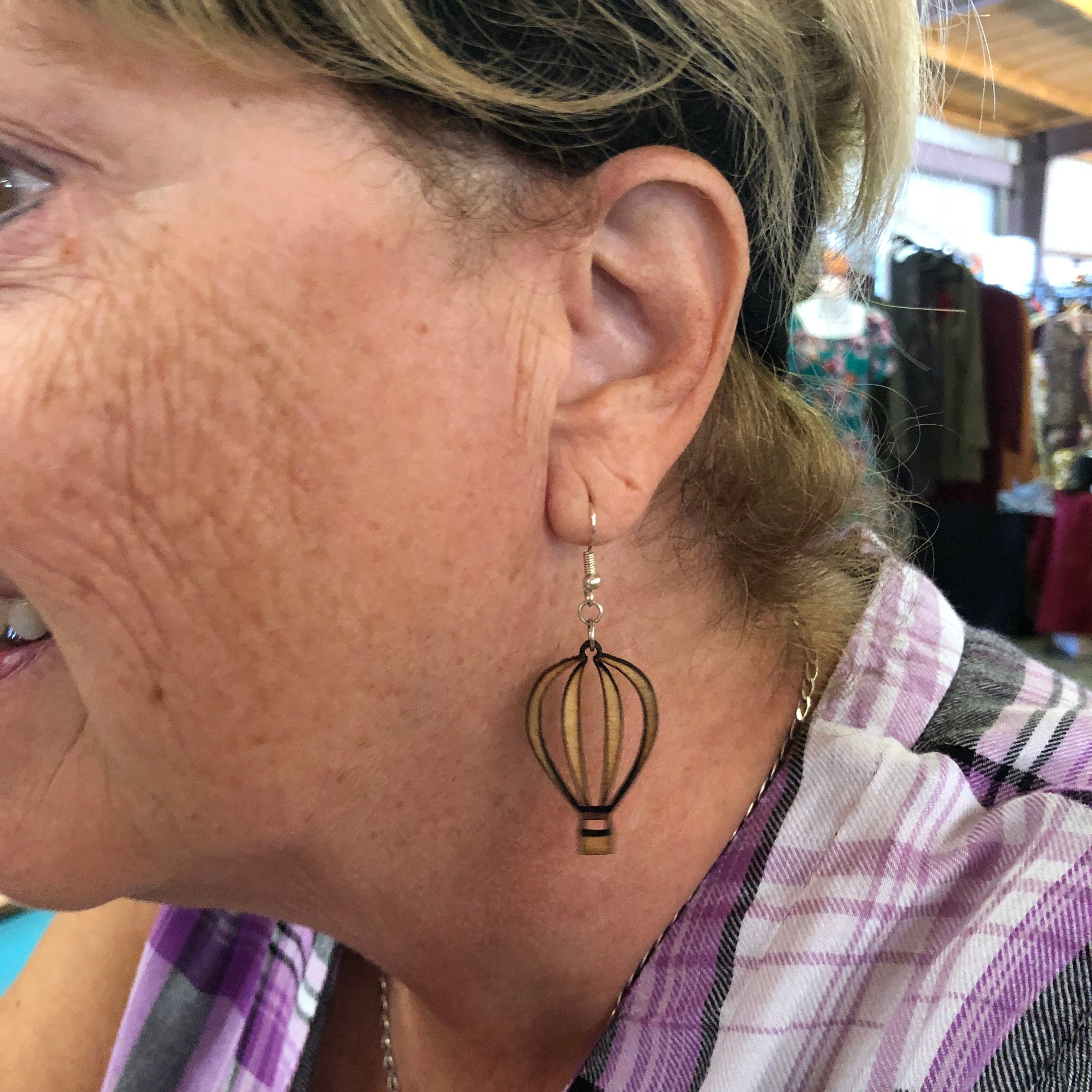 Hot Air Balloon Wooden Dangle Earrings | Travel Jewelry detail view by Cate's Concepts, LLC